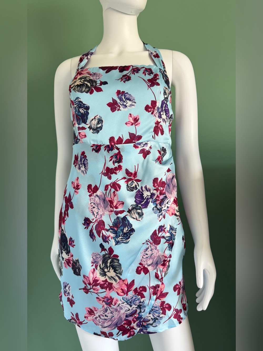 Lulu's Zhenya Light Blue Floral Floral Satin Halter Mini Dress